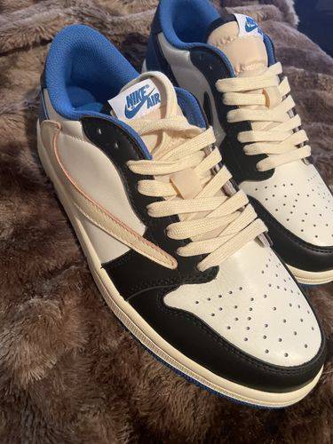 Fragment Design x Travis Scott x Air Jordan 1 Retro Low 'Sail Black Military Blue' photo review