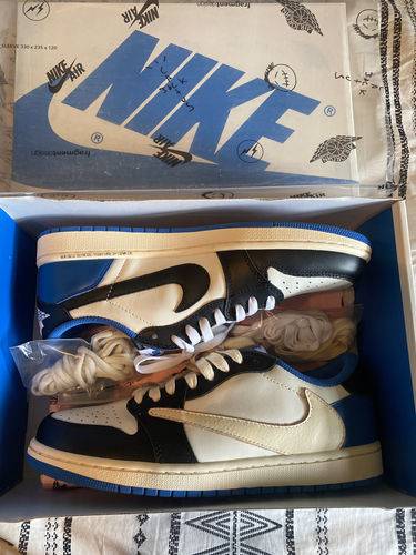 Fragment Design x Travis Scott x Air Jordan 1 Retro Low 'Sail Black Military Blue' photo review