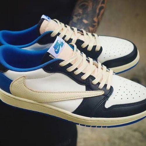 Fragment Design x Travis Scott x Air Jordan 1 Retro Low 'Sail Black Military Blue' photo review