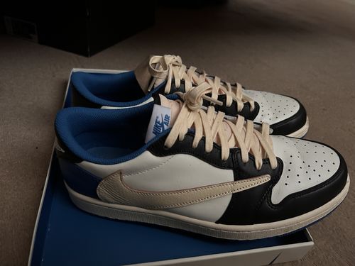 Fragment Design x Travis Scott x Air Jordan 1 Retro Low 'Sail Black Military Blue' photo review