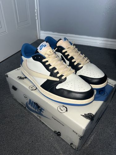 Fragment Design x Travis Scott x Air Jordan 1 Retro Low 'Sail Black Military Blue' photo review