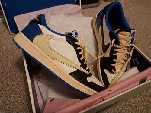 Fragment Design x Travis Scott x Air Jordan 1 Retro Low 'Sail Black Military Blue' photo review