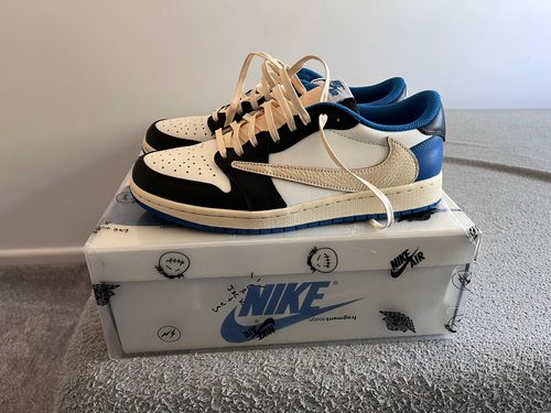 Fragment Design x Travis Scott x Air Jordan 1 Retro Low 'Sail Black Military Blue' photo review