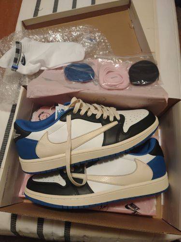 Fragment Design x Travis Scott x Air Jordan 1 Retro Low 'Sail Black Military Blue' photo review