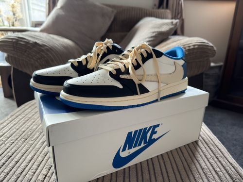 Fragment Design x Travis Scott x Air Jordan 1 Retro Low 'Sail Black Military Blue' photo review