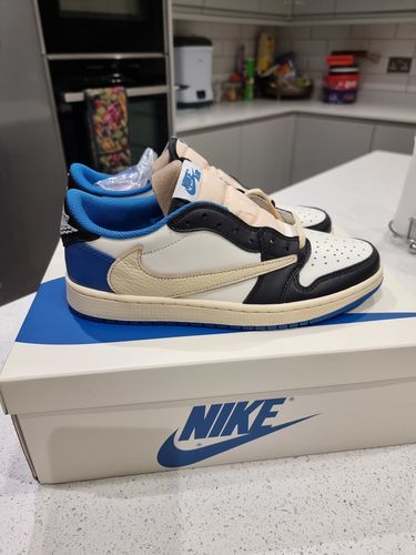 Fragment Design x Travis Scott x Air Jordan 1 Retro Low 'Sail Black Military Blue' photo review