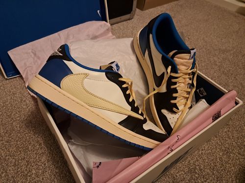 Fragment Design x Travis Scott x Air Jordan 1 Retro Low 'Sail Black Military Blue' photo review