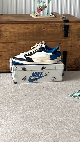 Fragment Design x Travis Scott x Air Jordan 1 Retro Low 'Sail Black Military Blue' photo review