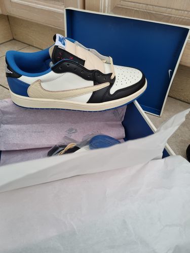 Fragment Design x Travis Scott x Air Jordan 1 Retro Low 'Sail Black Military Blue' photo review