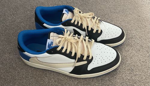 Fragment Design x Travis Scott x Air Jordan 1 Retro Low 'Sail Black Military Blue' photo review