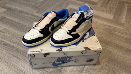 Fragment Design x Travis Scott x Air Jordan 1 Retro Low 'Sail Black Military Blue' photo review