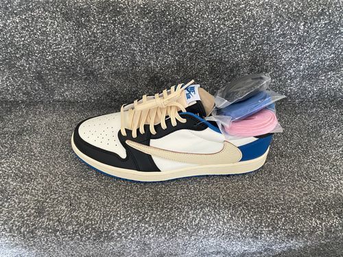 Fragment Design x Travis Scott x Air Jordan 1 Retro Low 'Sail Black Military Blue' photo review