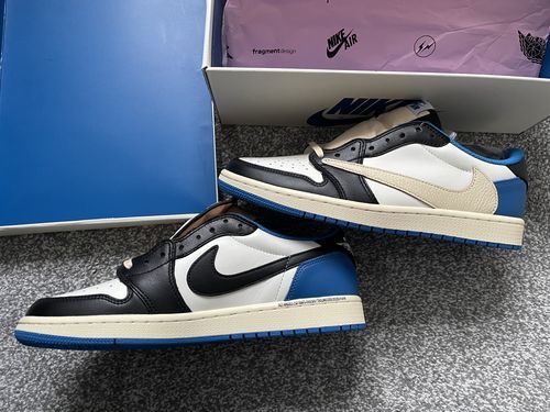 Fragment Design x Travis Scott x Air Jordan 1 Retro Low 'Sail Black Military Blue' photo review