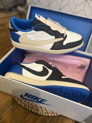 Fragment Design x Travis Scott x Air Jordan 1 Retro Low 'Sail Black Military Blue' photo review