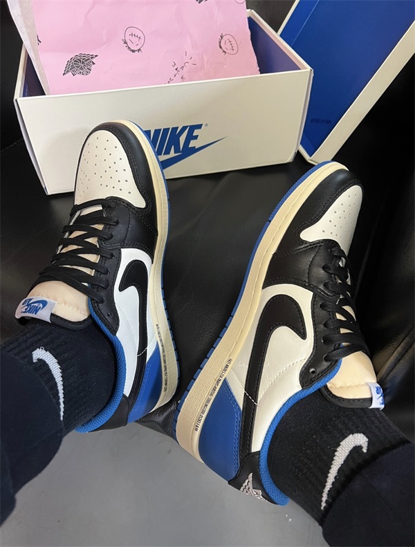 Fragment Design x Travis Scott x Air Jordan 1 Retro Low 'Sail Black Military Blue' photo review