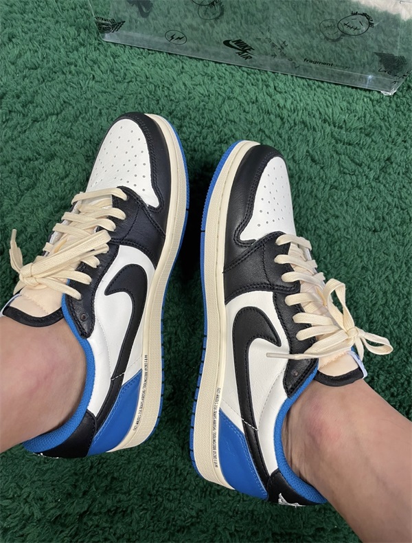 Fragment Design x Travis Scott x Air Jordan 1 Retro Low 'Sail Black Military Blue' photo review